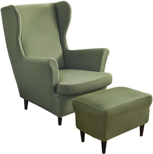 CLGTY Spandex 2 Teilig Ohrensessel Überzug Mit Hockerbezug, Ohrensesselbezüge Mit Ottomane Schonbezug Stretch Ohrensessel Schonbezuge Waschbar Für Wohnzimmer-grün-3 Stück