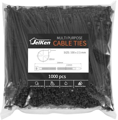 JelKen 1000 Pack Black Cable Ties, 100mm x 2.5mm, 4 Nylon Tie Wraps, Self-Locking Small Zip Ties for Home Office and Garden