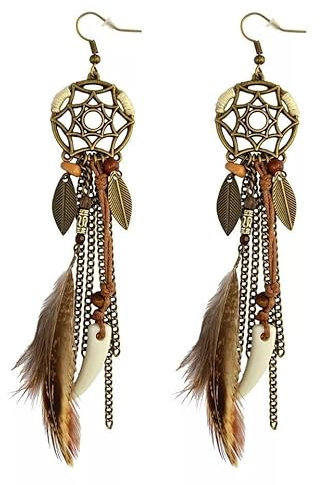 fdsmall Retro Feder Tropfen Ohrringe Faux Feder Ohrringe Böhmische Fransen Ohrringe Quaste Baumeln Ohrringe Feder Ohrringe mit Blatt und Seil Anhänger und Runde Traumfänger Ohrringe (01)