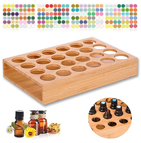 WishesMar 24 Slots Ätherisches Öl Halter Regal aus Bambus - Bietet Platz für 5ml 10ml ätherisches Öl-Flaschen - Holz Aufbewahrungs Ständer Gestell Organisator für Ätherische Öle und Duftöle