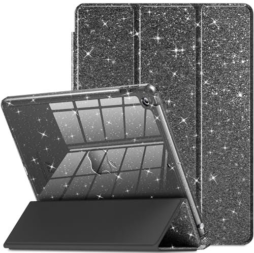 INFILAND Custodia per iPad 9a generazione 2021/iPad 8a generazione 2020/iPad 7a generazione 2019 da 10,2, custodia glitterata con retro trasparente, portapenne per bambini e ragazze (nero)