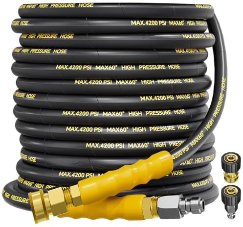 TechSweepPro 4200PSI Pressure Washer Hose 50FT with 3/8 Swivel Quick Connect for Cold/Hot Water, Kink Resistant Steel Wire Braided,1/4 Wear Resistant Power Washer Hose with 2 M22 14mm Adapter Set