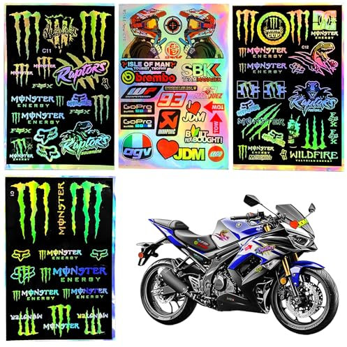 Rienan 4 Stück Aufkleber Motorrad,Monster Energy Sticker,Motorrad Sticker,Monster Sticker,für Autos,Rennwagen,Helme,Schließfächer,Briefkästen,Skateboards,Dirtbikes