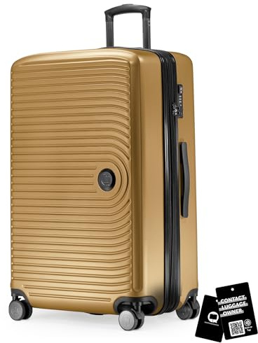Hauptstadtkoffer Mitte - Mittelgroßer Hartschalen-Koffer + Digitaler Kofferanhänger, Check-In Gepäck mit Volumenerweiterung + Koffertag, TSA, 4 Rollen, 68 cm, 88 L, Herbstgold