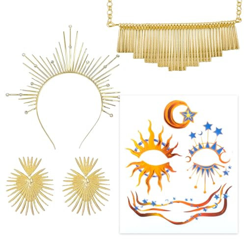 GWAWG 4 tück Halo Crown Barock Kostüm Kopfbekleidung, Sonnengöttin Tiara und Krone Sunburst Kopfband, Gesichtsdekoration, Sonnengöttin Halskette und Ohrring für Cosplay Hochzeitsfest Silvester