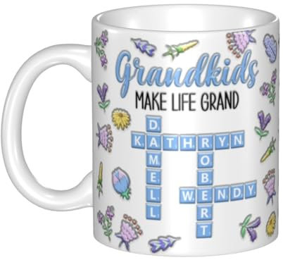 Certykllp Taza de rompecabezas personalizada con texto en inglés Grandkids Make Life Grand, regalo para abuela, abuelo, crucigramas, taza de café para abuelos con nombres de nietos