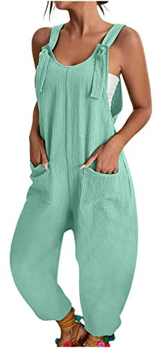 Combinaison Femme Ete Ample, Jumpsuit sans Manches Femme Bretelles Combishort Dos Nu Léger Barboteuse Jambes Larges Salopette en Coton Playsuit Style Bohème Spaghetti Pantalon avec Poches