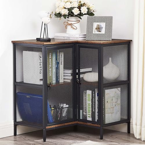 VECELO Armario de almacenamiento de esquina de 3 niveles con puertas de malla metálica, estante de esquina corta para TV para espacio compacto, sala de estar, cocina, oficina en casa, color marrón