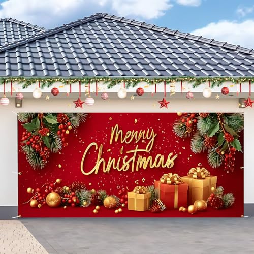 CRYSLOVE 6 x 13 Fuß Garagentor Banner Weihnachten,Merry Christmas Schneemann Weihnachtsmann Gnome Hintergrund Banner Weihnachts Garagentor Dekorationen für Party im Innen und Außenbereich