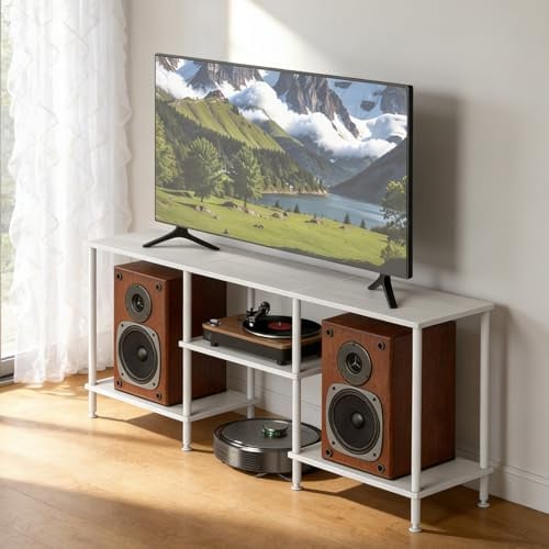 UOMIO Wooden TV Stand Cabinet TV Units With 3-Tier Shelf TV Stands for Living Room Adjustable Feet Rustic TV Unit for TVs Under 50 in TV Cabinet for Bedrooms Living Rooms Apartments (White)