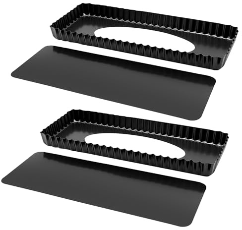 QKNOSM 2 PCS Rectangular Quiche Pan, 35×11cm Tart Tin with Removable Bottom Non-Stick Flan Tin with Loose Base Carbon Steel Fluted Tart Pan Carbon Steel Quiche for Baking Pies Desserts