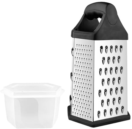 Zencantorous Rallador de Queso, Rallador de Cocina, Rallador Manual con Asa, Rayadores para Cocina con Base Antideslizante, con 6 Caras y Contenedor, para Patatas, Zanahorias, Queso, Plateado