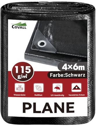 COVALL Lona impermeable de 4 x 6 m, 115 g/m², resistente al agua, a los rayos UV, resistente al desgarro, lona de polietileno con ojales para camping, jardín, coche y cubierta para trampolín