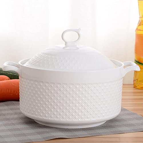 YLME Porcelain Soup Serving Bowl Ceramic Soup Tureen | with Lid and Spoon Anti Scalding Design On Both Ears For Kitchen Microwave White,2400ml