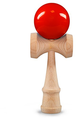 Ganzoo Kendama Buchenholz, Japanisches traditionelles Geschicklichkeitsspiel mit Holzball, reißfestem Nylonseil und 3 Fangtellern am Handstück, Koordination und Reaktion trainieren, rot/Holz
