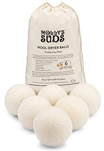 Molly's Suds Wool Dryer Balls | XL, Premium Organic Fabric Softener, Hypoallergenic, Hand-Felted, Reusable, Reduce Drying Time | White, Set of 6