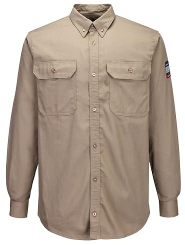 Portwest FR89 Bizflame 88/12 FR Shirt Secure Storage Dual Hazard Protection | Khaki, 2X Large, EN ISO 11612, EN 61482-2, UPF 50+, Classic Fit, Pen Division on Left Pocket, Button and Flap Closure