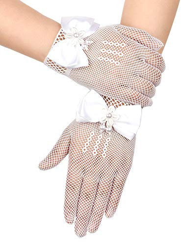 Chuangdi Weiße kurze Prinzessinnen-Handschuhe für Erstkommunion, Handschuhe für Mädchen, Satin-Spitze, Mädchenhandschuhe, Fliege, Handschuhe, Kunstperlen, Handschuhe für Hochzeit, Party,