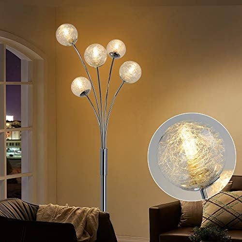 Depuley LED Stehlampe 5 Flammig Stehleuchte Wohnzimmer, Modern Stehlampe Schlafzimmer mit Glas Kugel & Fußschalter, Augenschutz, 220-240V, Standleuchte 5 Flammig für Büro Esszimmer Restaurant
