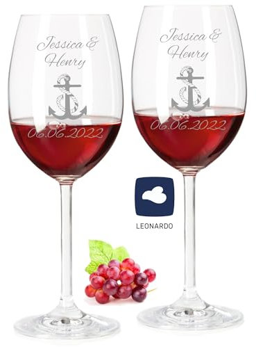 laser-diele Leonardo Weingläser mit Gravur - Anker - Personalisiert mit Namen und Datum - Hochzeitsgeschenk für das Brautpaar - 460ml Rotwein