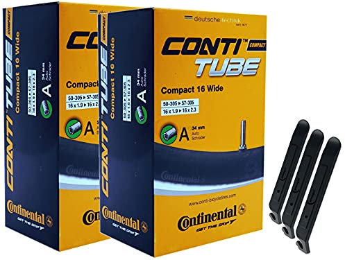 pneugo! Set 2 x Continental Fahrradschlauch 16 Zoll Autoventil 50-305/57-305 (Compact Wide) + 3 Reifenheber