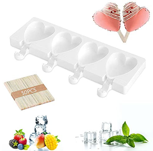 Eisformen Eis am Stiel, Eisformen Silikon, 4 Zellen Eisformen Gebäckform Silikon, Cakesicles Form mit 50 Holzstielen, Popsicle Molds Set, Ice Cream Mold, Stieleisformen für Kinder Erwachsene