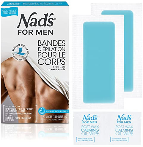 Nad’s For Men Bandes de Cire Corps – Épilation Homme pour Dos, Poitrine, Aisselles, Jambes, Bras – 20 Bandes + 4 Lingettes – Jusqu’à 8 Semaines de Peau Lisse