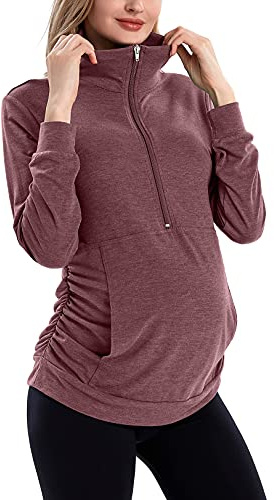 GINKANA Maternity Pullover Shirt Maternity Zipper Shirts Lapel Long Sleeve Casual Lightweight Pregnancy Tops with Pockets,Burgundy,L