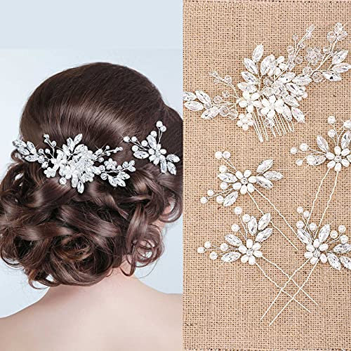 Yeshone 5 Stück Hochzeit Haarkamm Braut Haarnadeln Perlen Kristall Haarschmuck Strass Blume Haarschmuck für Hochzeit Braut Damen (Silber)