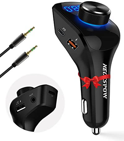 NECESPOW Bluetooth FM Transmitter for Car, Bluetooth 5.0 Car Adapter,MP3 Player Wireless Radio Receiver Car Kit Support 48W (USB-C PD + QC3.0)/AUX/TF C. ard/U-D isk, dunkelschwarz