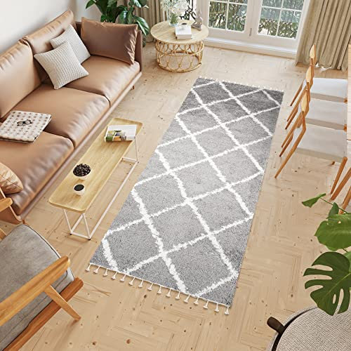 TAPISO Boho Teppich Läufer Kurzflor Shaggy Dunkelgrau Creme Karo Fransen Schlafzimmer Wohnzimmer Design Modern 100 x 400 cm