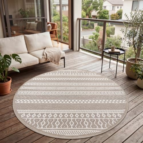Paco Home Outdoor Teppich, Wetterfest, UV-beständig & Pflegeleicht, Flachgewebe Modern Boho-Style. Ideal für Terrasse Balkon Wohnzimmer & Küche, Grösse:80 cm Rund, Farbe:Beige