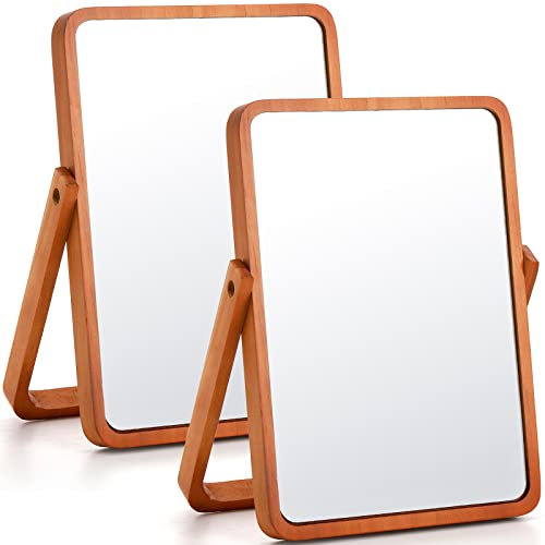 DEAYOU 2 Pack Mirror with Wood Stand, Rotation Makeup Mirrors, 25cm Standing Cosmetic Mirror, Portable Wood Tabletop Mirror for Hanging, High-Definition, Pine