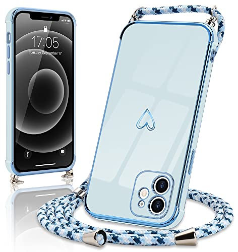 Micoden Handykette kompatibel mit iPhone 11 hülle Ultra dünn Kameraschutz Herz Love Design Galvanik TPU Silikon Bumper Kordel zum Umhängen Handyhülle mit Band Schutzhülle,Blau