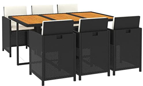 vidaXL Gartenmöbel Set 7-TLG. mit Kissen Gartengarnitur Sitzgruppe Gartenset Sitzgarnitur Gartentisch Esstisch Tisch Stühle Poly Rattan Schwarz