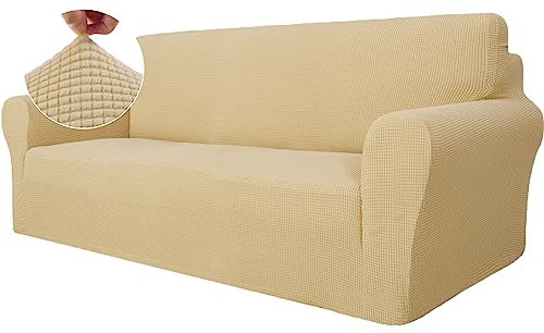 Ystyle Stretch Sofa überzug 3 Sitzer, Elastisch Sofabezug Mit Armlehnen, Jacquard Couch überzug rutschfest, Waschbar Sofa Cover Protector Für Hunde Haustiere, Beige Gelb