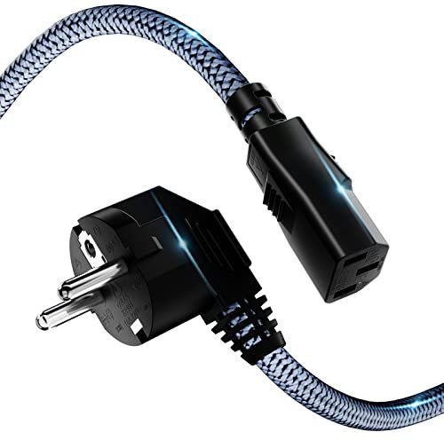 Riksoin - Cable de alimentación (3 Pines, 5M, Nailon Trenzado, Universal, CEE 7/7 a IEC60320 C13) con VDE para monitores, PC, impresoras, PS3/PS4 Pro, escáner, TV, Pantalla, proyector, etc.