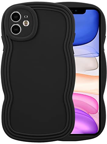 XIZYO Case for iPhone 12 6.1 Inch, Cute Solid Color Curly Wave Shape Frame Silicone Shockproof Case, for Women Girls Slim Soft TPU Full Camera Lens Protective Cover, Black