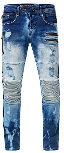 Rusty Neal Herren Biker-Jeans 'Misato' DIE-Absolute-Jeans Slim Fit Stretch Destroyed Biker Zip-Design mit Stylischer Knopfleiste und Kontrast-Naht 241