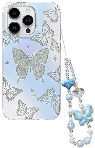 Efitoo Designed for iPhone 14 Pro 6.1 inch Case Glitter Cute Clear with Design Butterfly with Strap Wrist Bling Sparkle Purple Blue Aesthetic Protective Glossy Phone Cover Case Women Girls