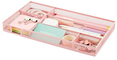 Annova Desk Drawer Organizer Tray for Office Organization - Metal Mesh - Storage Tray with Dividers for Pens, Desktop Accessories, Bathroom, Kitchen, Makeup and Office Supplies (Light Pink)