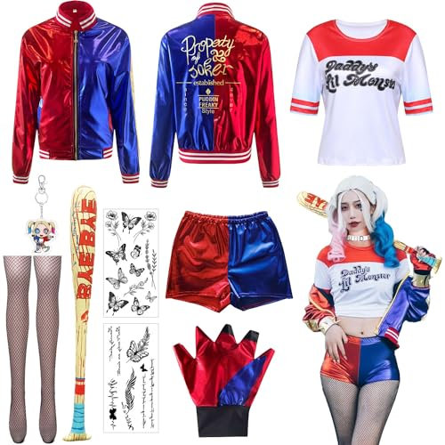 Sunshine smile Mädchen Bösewicht Kostüm Kit enthalten Jacke T-Shirt,Shorts und Handschuh Ballon Stick,Strümpfe Bundlefor Karneval Cosplay