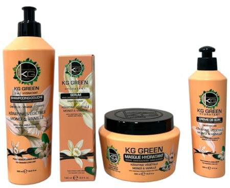 Pack keragold Green – Dusch-Shampoo 500 ml / Maske 500 ml / Serum 100 ml / Pflegecreme 200 ml (KG Feuchtigkeitsspendendes Keratin – Monoi – Vanille)