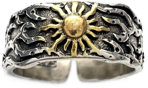 JWM Men's Rings Silver Plated Brass Ring for Men Women Adjustable Open Rings, Exquisite Packaging (Sun ring)