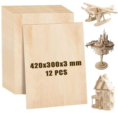 MUXHEL 12PCS A3 Plywood Sheets 3mm Unfinished Basswood Sheets 420x300mm A3 Basswood Plywood Sheets for Crafts, Arts, Painting, DIY & Engraving