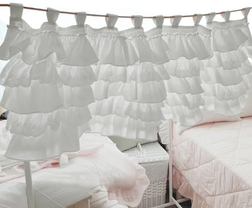 Ricemru Rüschen Scheibengardine Shabby Chic Landhaus Weiß Stickerei mit Schlaufen Bistrogardine Halbtransparent Französischer Kurzvorhang Kurzstores Halb Gardinen Fenster Schlafzimmer