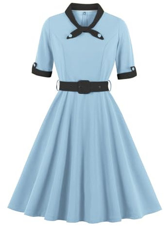 IBTOM CASTLE 1940s Dress for Women Vintage Short Sleeve A-line Cocktail Dress Retro Bow Tie Swing Dresses with Belt for Wedding Guest Summer Holiday Tea Party Light blue+black XXL