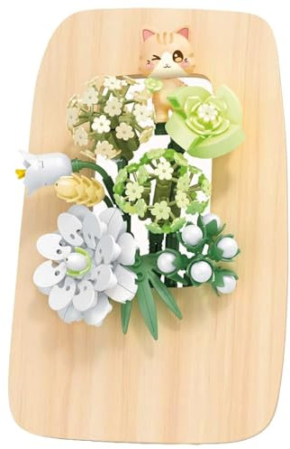 LONESTAR Klemmbausteine, Sembo Blumengesteck Grün, Deko Blumen mit Holzständer und Kleiner Katze, kreatives Konstruktions Set, detailreiche Bausteine für Zuhause, DIY Bastelspaß, Geschenkidee