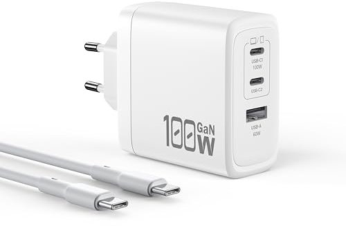 OUFUYU Cargador USB C 100 W GAN 3 Puertos, Cargador Mural Compacto rápido para MacBook Pro/Air, Google Pixelbook, DELL XPS, iPad Pro, iPhone 16/15/14/13, Samsung S24/S23, Cable de 1,8 m Incluido