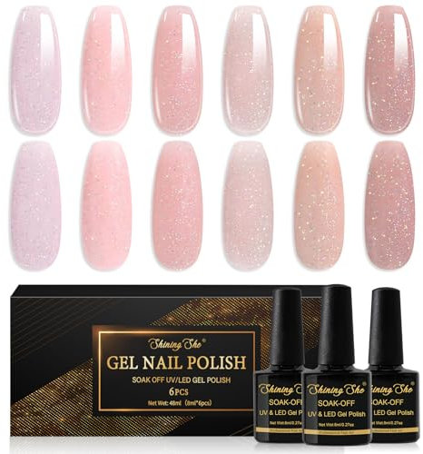 Shining She Smalto Semipermanente Unghie Glitter Jelly,6 Colori Nude Rosa Luccichio Olografico Semipermanente Unghie Soak-Off UV/LED,Trasparente Laser Effect Smalto Unghie 8ML